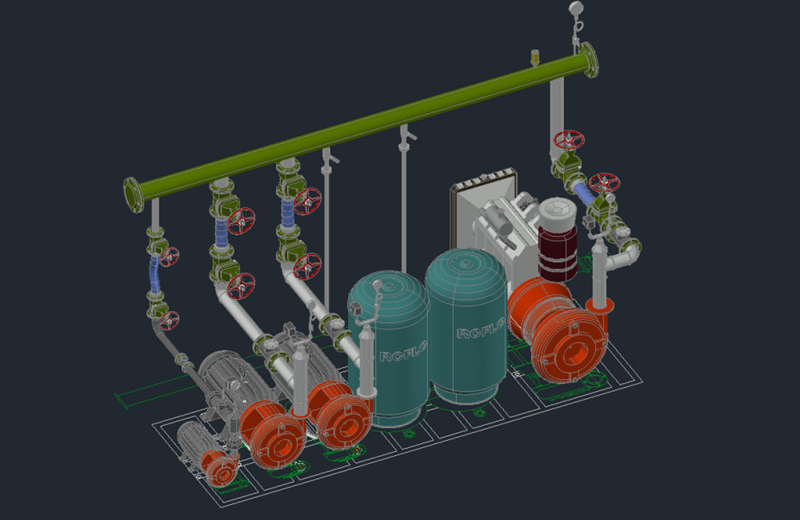 دانلود فایل اتوکد سیستم کامل پمپ آتش‌نشانی سه‌بعدی dwg در اتوکد