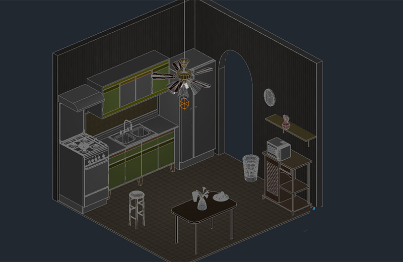 دانلود فایل اتوکد آشپزخانه سه‌بعدی با طراحی اتاق dwg در اتوکد