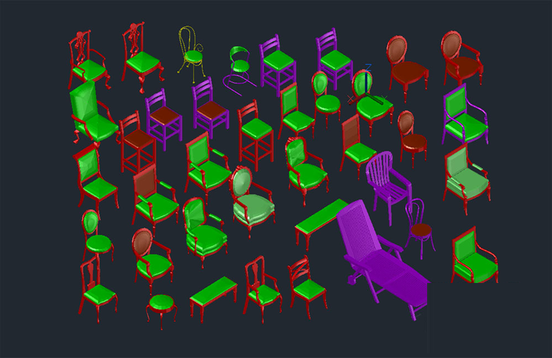 دانلود فایل اتوکد مجموعه صندلی سه‌بعدی dwg در اتوکد